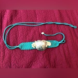 VTG Rope Braided Woven Belt With Seashells And Beads Bright Blue EUC.
